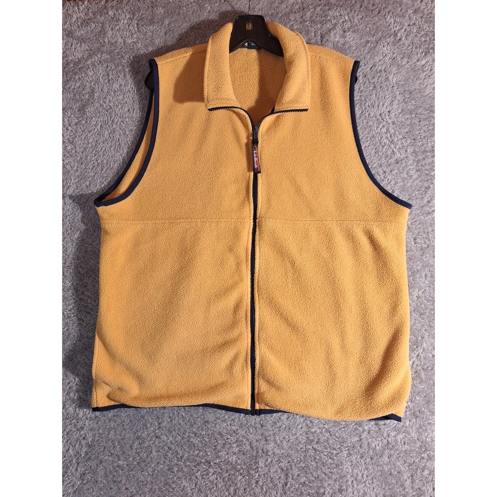 LL Bean Mens Fleece Vest Mustard Yellow Full Zip Mock Neck Sleeveless XL Vintage